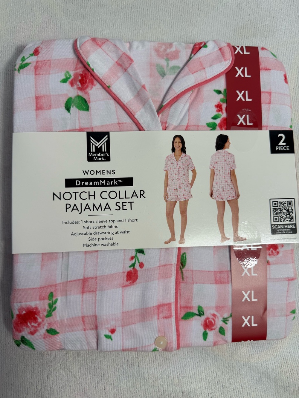 Member’s Mark Women’s 2-Piece Pink Gingham Notch Collar Pajama Set NWT
